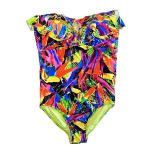 SEAFOLLY Australia Colorful Tropical Toucan Strapless Ruffle One Piece Swim Suit